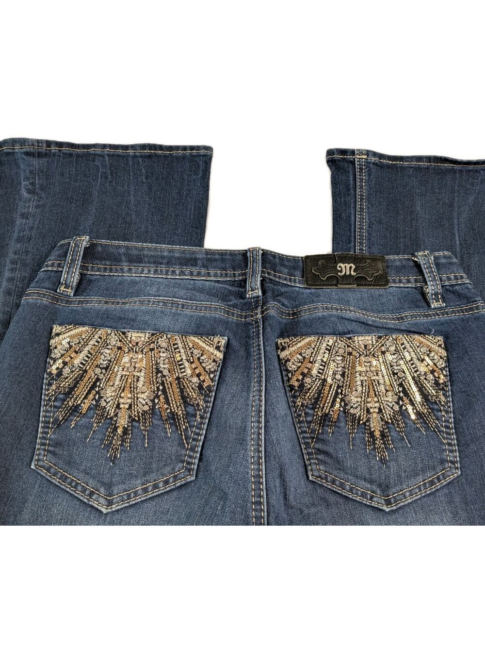 Miss Me Jeans Womens 30 Boot Cut Sequin Sunburst Gold Pockets Medium Wash 31x33